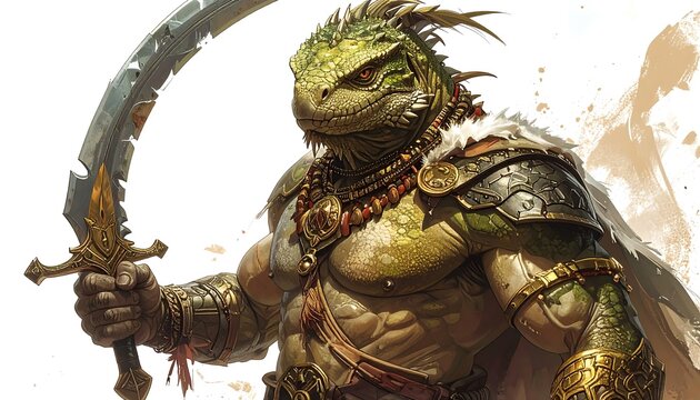 A powerful lizard-like warrior, adorned in ornate gold armor and holding a curved sword, commands attention with striking detail and color.