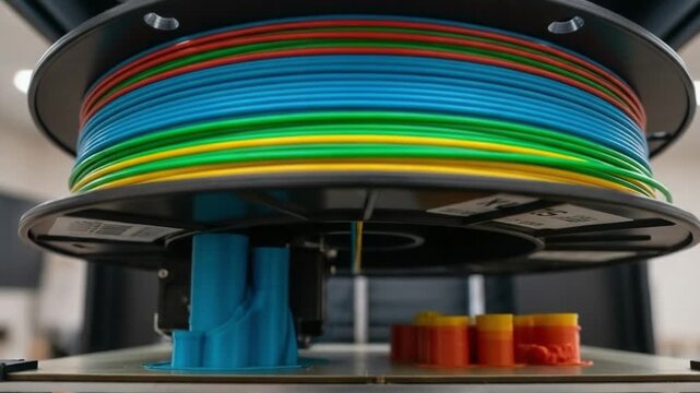 A 3d printer showcasing multi-colored filament spools and printed objects highlighting the capabilities of additive manufacturing for rapid prototyping and personalized design