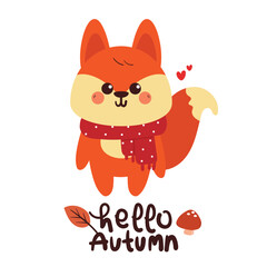 cute hand drawing cartoon fox wearing red scarf for autumn fall card wallpaper and background