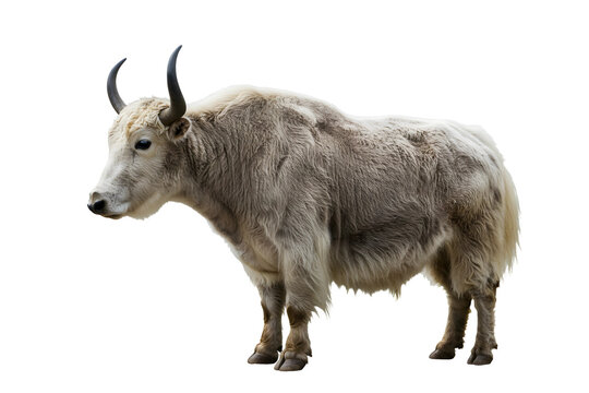 Tibetan white yak isolated on transparent cutout background, cut out, png