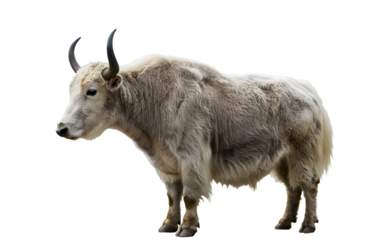Tibetan white yak isolated on transparent cutout background, cut out, png