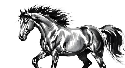 Black White Horse Running in Motion Artistic Illustration
