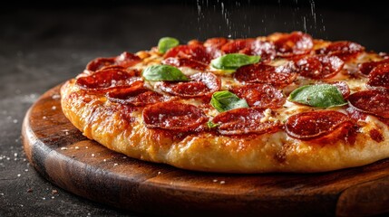 Closeup of a pepperoni pizza on a wooden board, garnished with fresh basil leaves and a sprinkle of salt for flavor