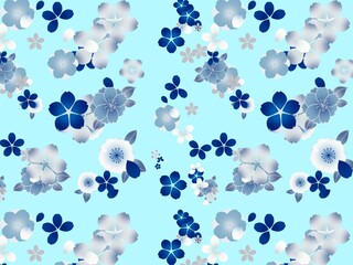 Blue sakura flower seamless pattern illustration on pastel blue background