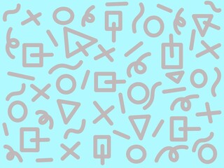Abstract Geometric Seamless Pattern with Memphis Style Shapes on Light Blue Background