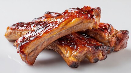 Glazed, glistening ribs stacked atop a white surface, showcasing delicious barbecue