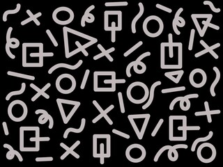 Abstract Geometric Seamless Pattern with Memphis Style Shapes on Black Background