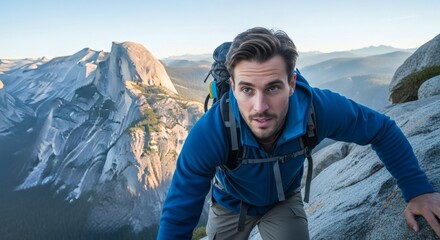 Adventurous Man Scaling Mountain Summit with Stunning Scenic Backdrop