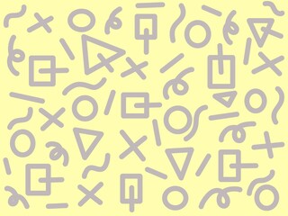 Abstract Geometric Seamless Pattern with Memphis Style Shapes on Yellow Pastel Background