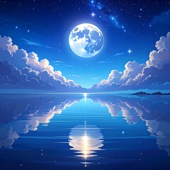 A serene, stylized landscape of a calm sea reflecting a vibrant, starry night sky with large clouds and a full moon.