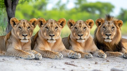 Four Lions Relaxing Together in Lush Natural Habitat Landscape