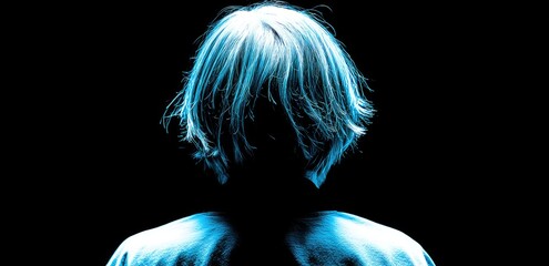 Silhouetted person with vibrant, light-blue hair