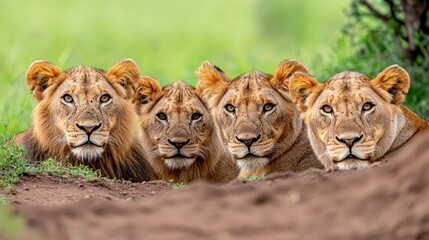 Obraz premium Group of Four Alert Lions Resting in Natural African Habitat