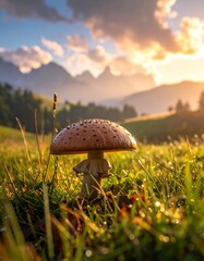A large, vibrant mushroom stands in a dewy meadow, bathed in the warm light of a sunrise or sunset, with a backdrop of majestic mountains.