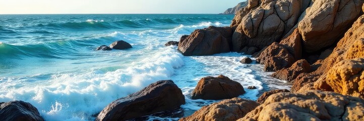 Dramatic Coastal Scene Wave-Washed Rocks Meet Oceans Fury, Sunlight Illuminating Rugged Headland Beauty