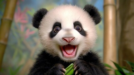 Obraz premium Adorable Baby Panda Smiling with Bamboo in Natural Habitat