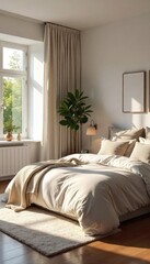 Serene bedroom featuring minimalist decor, plush textiles, and soft natural light, creating a tranquil and restful atmosphere ideal for relaxation and sleep , nightstand, bedroom