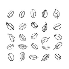 Simple black and white coffee beans and leaves