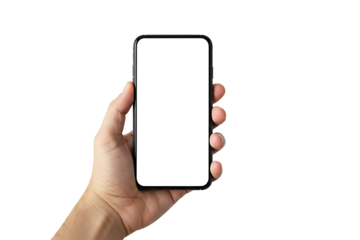 Hand Holding Smartphone with Blank Screen isolated on transparent cutout background, cut out, png