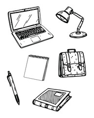 Set icon Desk Setup laptop notebook pen, lamp and others with hand drawing styleSet icon Desk Setup laptop notebook pen, lamp and others with hand drawing style