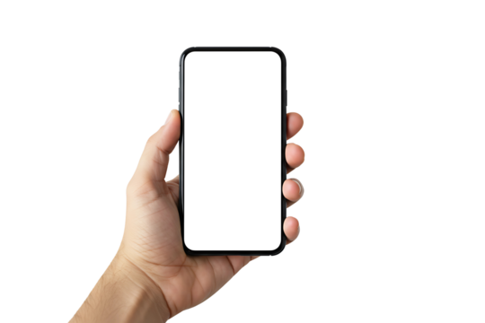 Hand Holding Smartphone with Blank Screen isolated on transparent cutout background, cut out, png