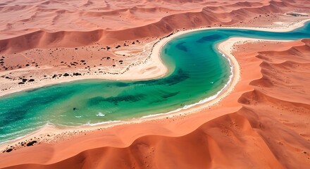 Aerial view of a winding river cutting through red sand dunes in a desert landscape