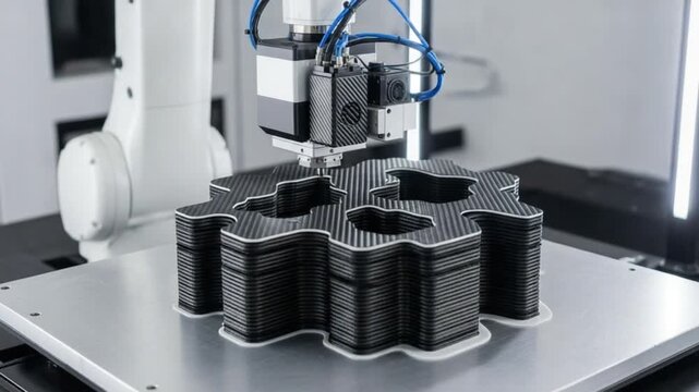 Advanced 3d Printing Technology: A robotic arm precisely manufactures a complex black carbon fiber component showcasing innovation in additive manufacturing and rapid prototyping applications
