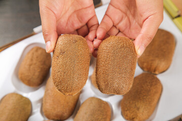Fresh Guizhou Kiwifruit Gift Set - Hands Holding Fuzzy Brown Kiwifruits with Detailed Skin Texture