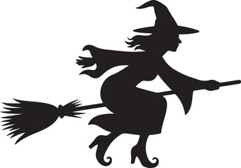 Halloween witch flying on broomstick silhouette vector