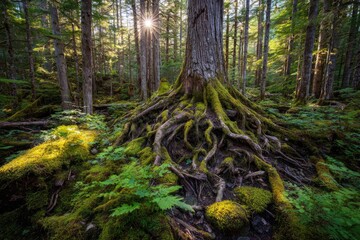 Sunlight filters through lush forest, highlighting massive tree roots