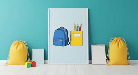 School Supplies and Backpacks on Bright Teal Background