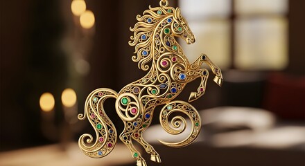 Decorative Gold Horse Ornament with Colorful Gems on Swirled Design in Elegant Interior Setting