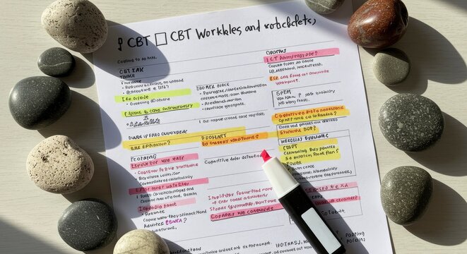 CBT Worksheets with Pebbles: Cognitive Behavioral Therapy Notes, Sunlight, Study, Education.