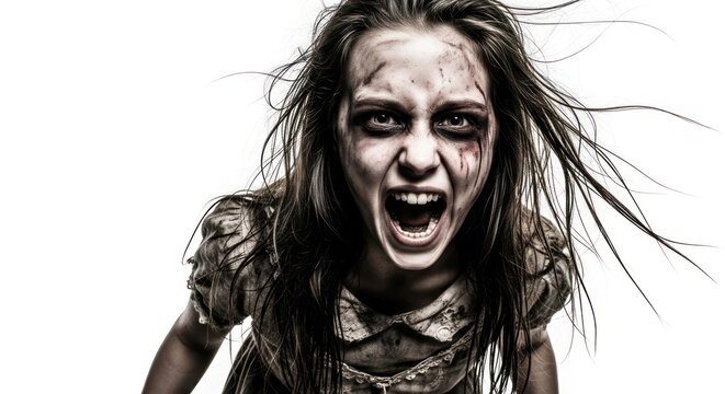 Terrifying scream of a possessed girl with a disfigured face expressing wrath and desperation in