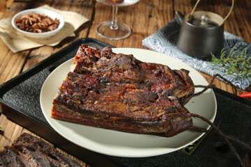 Traditional Bacon Sausage Stirfry with Sichuan Spice Blend - Perfect Farmhouse Style Asian Cuisine on Rustic Wooden Table