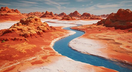 A winding blue river flows through a red desert landscape with rocky formations and salt flats under a clear sky.