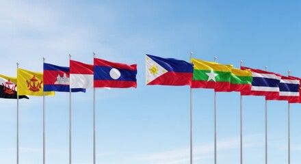 Panoramic view of ASEAN member states flags fluttering against a vibrant blue sky displaying unity