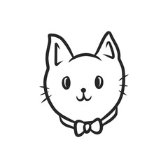 Cute kawaii cat head with bow tie line art vector illustration
