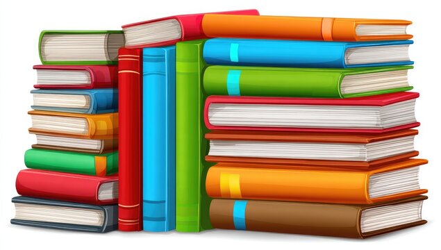 Colorful book stacks, various hardcovers