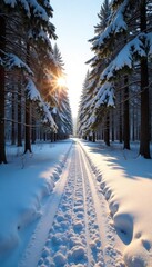 Tranquil Winter Wonderland Sun-Dappled Snow Trail Perfect for Cross-Country Skiing