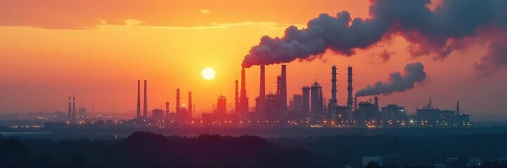 Thick, hazy smog hangs heavy over an industrial oil refinery complex at sunset, polluting the air The scene depicts environmental consequences of oil production , atmosphere, air