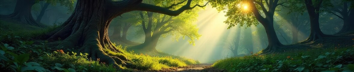Untamed wilderness, sunlight dappling through ancient trees in a lush, vibrant forest Deep shadows and sunlight create a magical, mystical atmosphere , shadows, magical, detail