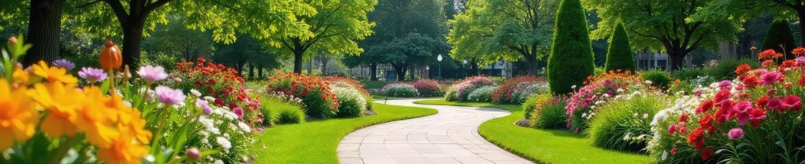 Vibrant floral displays and whimsical sculptures adorn a beautifully landscaped park, creating a cheerful and inviting atmosphere perfect for relaxation and recreation , peace, leaves, colorful