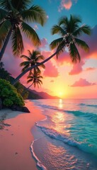 Vibrant sunset over a tropical beach during spring break; turquoise water laps the shore, palm trees sway gently in the breeze, creating a carefree vacation atmosphere , getaway, picturesque, travel