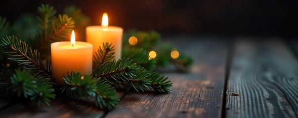 Warm, flickering candlelight illuminates a cluster of pine branches, casting enchanting shadows on a rustic wooden surface Perfect for holiday, winter, or nature themes , branches, wooden surface