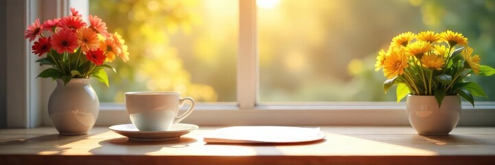 A bright and cheerful Monday morning scene featuring a sunlit workspace, coffee, and fresh flowers Perfect for blogs, social media, or websites promoting positivity and productivity , bright, monday
