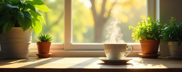 Sunlight Streams into a Productive Workspace Plants, Mug, and Positive Monday Morning Vibes