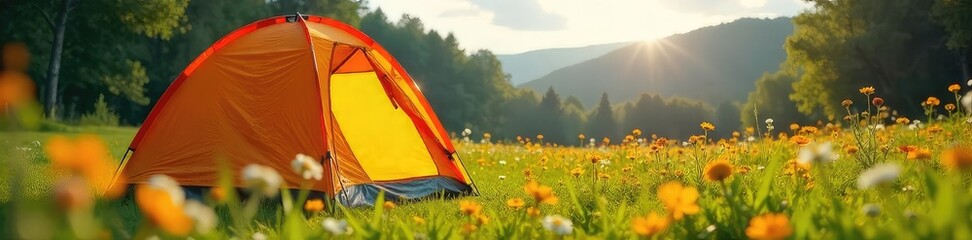 Sunny Meadow Camping Bright Tent & Wildflowers, Joyful Outdoor Adventure