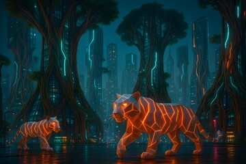 A surreal city where towering skyscrapers are shaped like giant trees, patrolled by origami paper tigers glowing with neon veins.