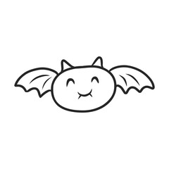 Cute kawaii bat with happy fangs line art vector illustration